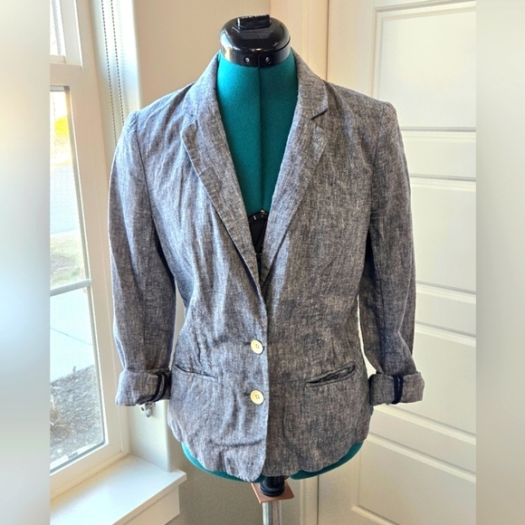 CARTONNIER ANTHROPOLOGIE CHAMBRAY LINEN BLEND 2 BUTTON BLAZER JACKET WOMEN 4 - Picture 1 of 12